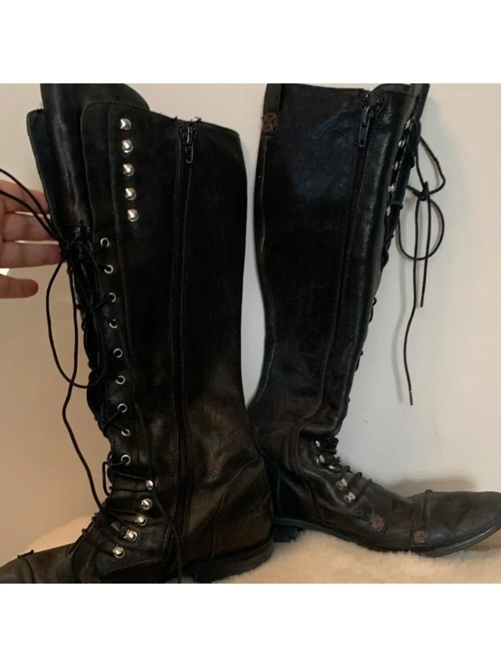 Charles David Knee High Tall Black Leather Lace-Up Boots 7